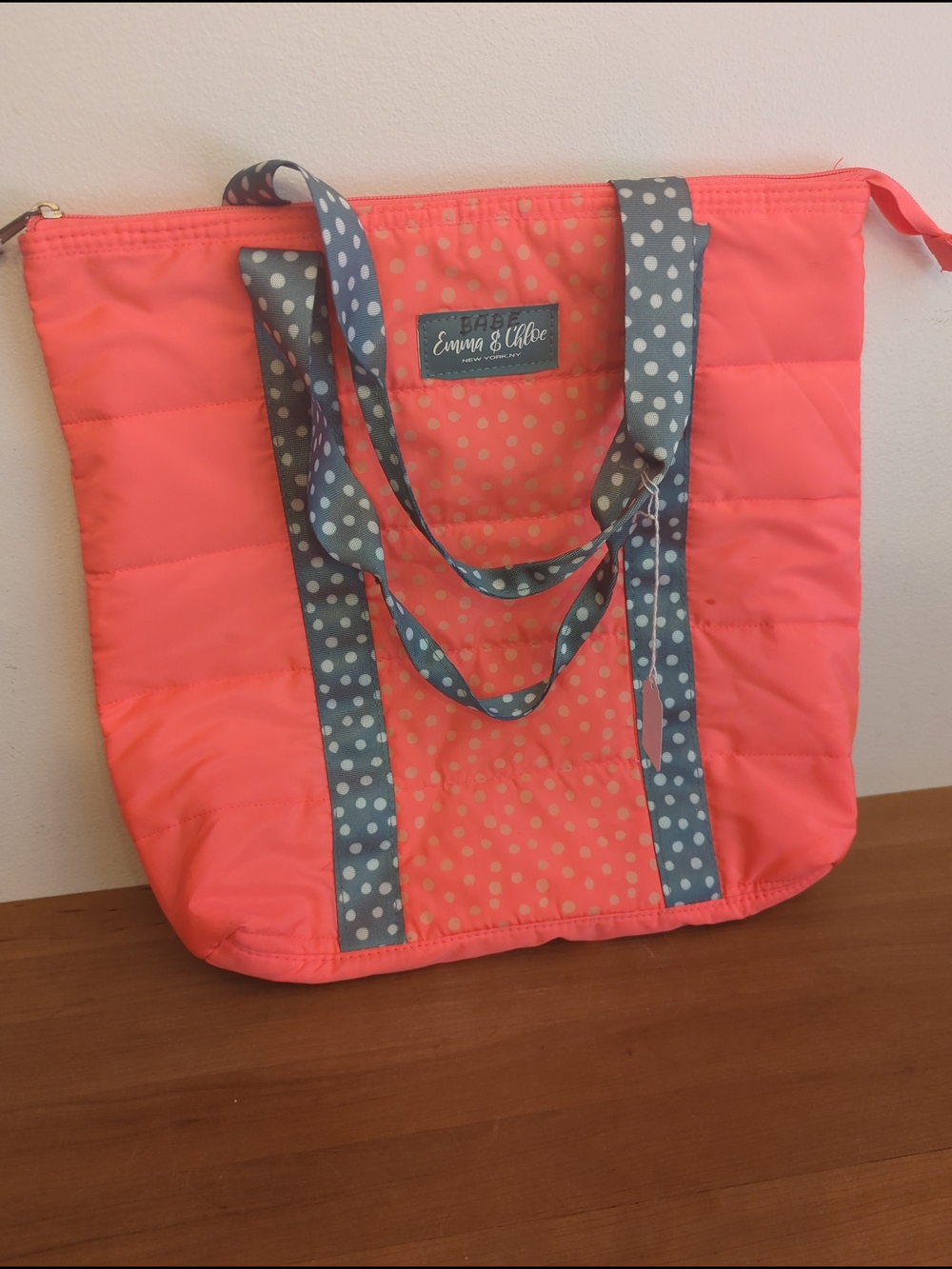 Emma & Chloe Pink Bag 2 Strap Handles Polka Dot Zipper Tote Bag